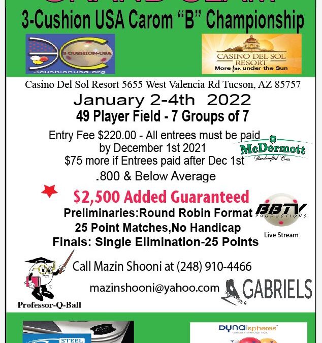 3-Cushion USA Carom “B” Championship – Jan 2-4th, 2022