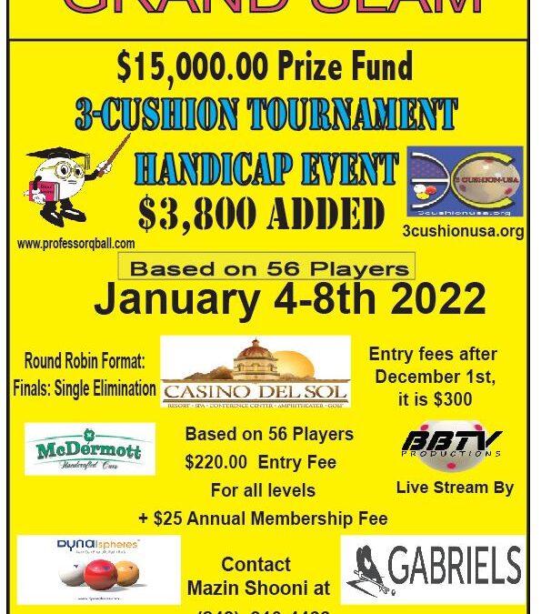 3-Cushion Tournament Handicap Event – Jan 4-8th, 2022