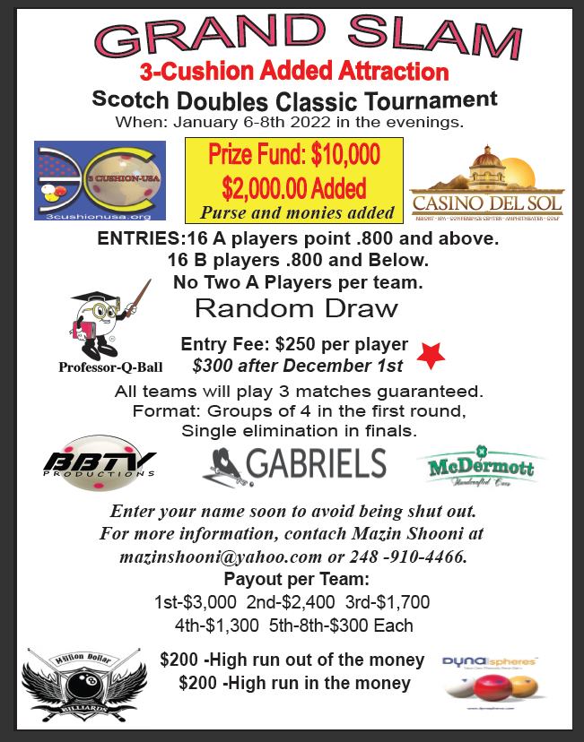 3-Cushion Scotch Doubles Classic Tournament - Jan -6-8th, 2022