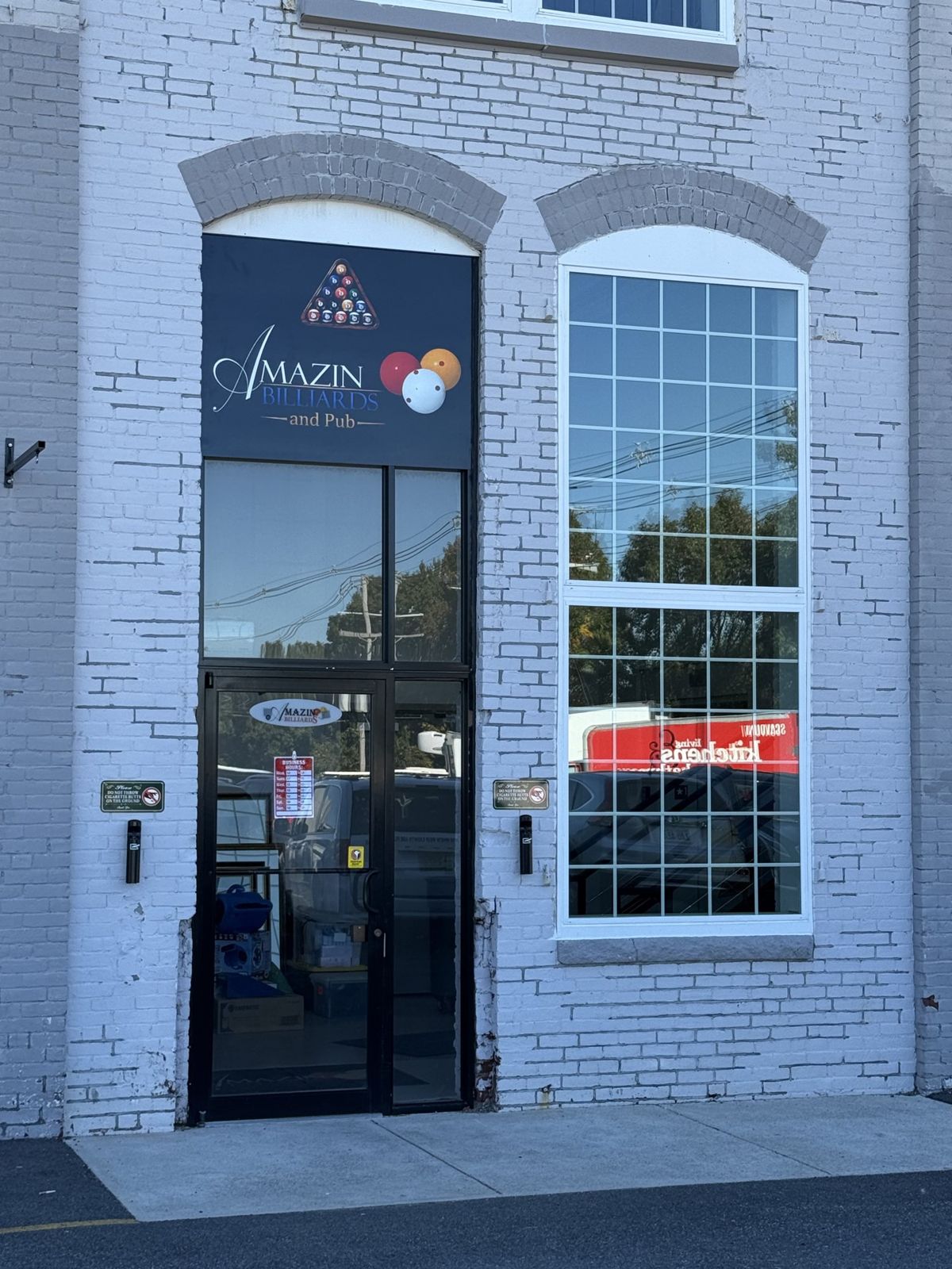 Amazin Billiards and Pub entrance and sign at 58-R Pulaski St, Peabody MA